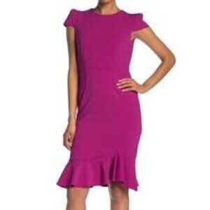 Betsey Johnson Women Pink Cap-Sleeve Ruffled Midi Sheath Dress Size 12